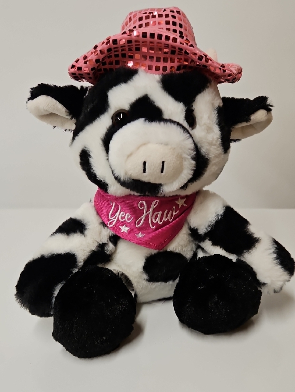 Plush Cow Toy with Pink Bandana and Hat - Soft Black & White Stuffed Animal